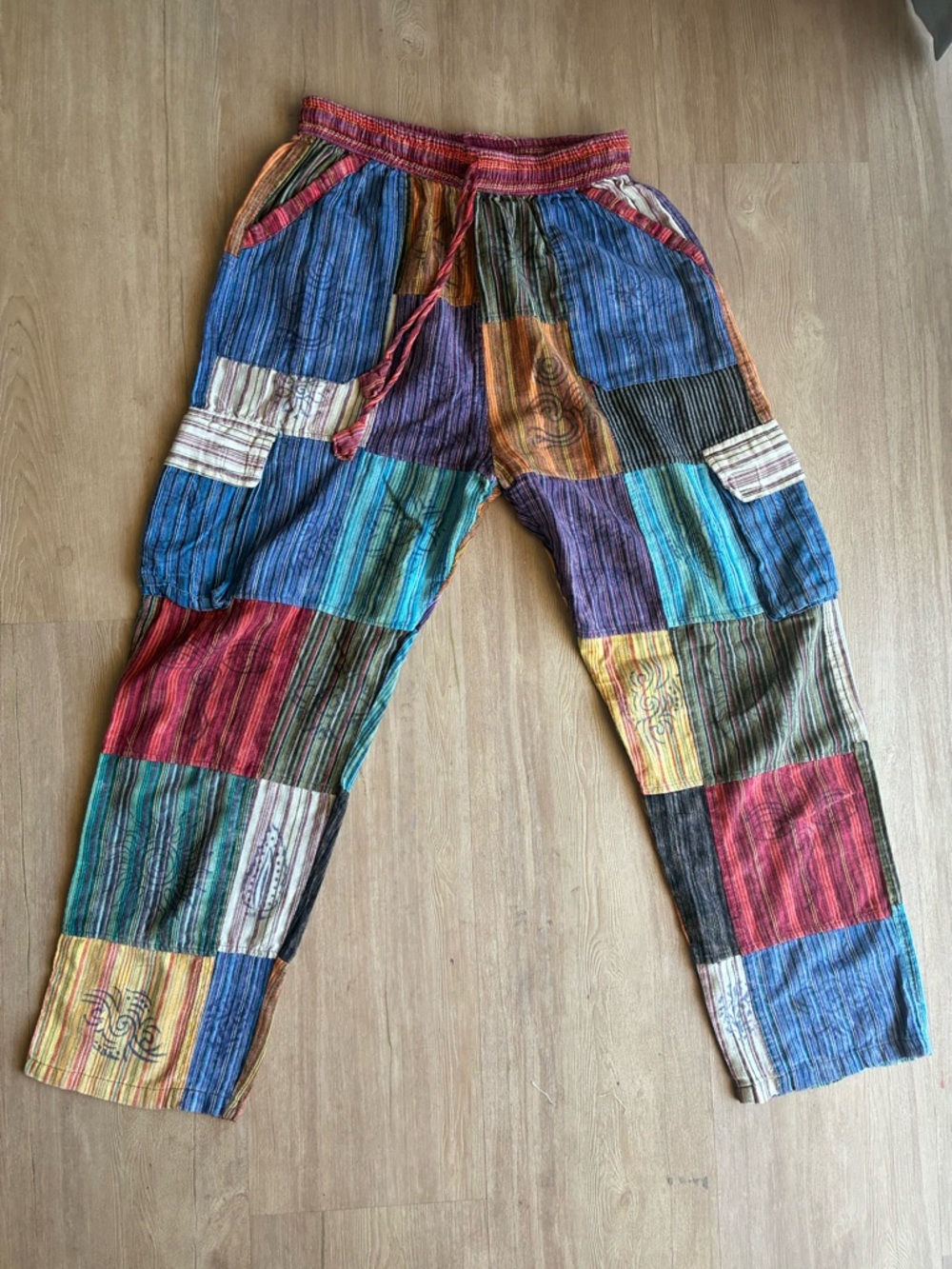 Rising International colorful hippie cotton Patchwork drawstring Pants unisex L - Picture 4 of 16